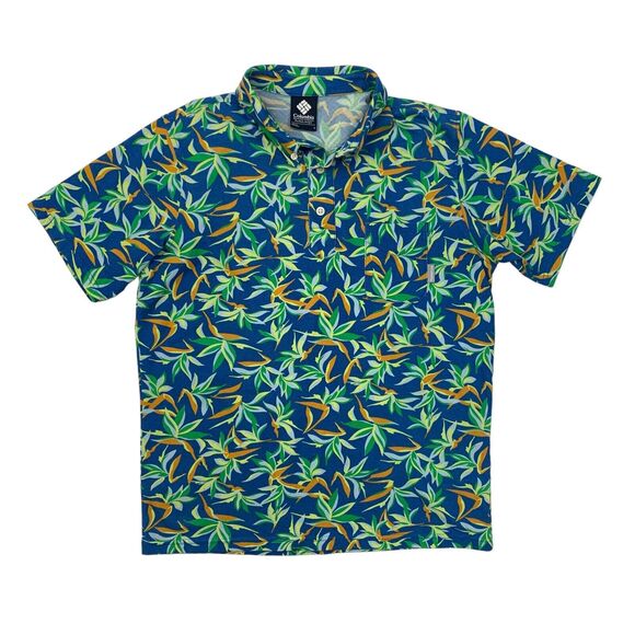 Columbia Polo Shirt Mens L Large Blue Green Floral Short Sleeve Chest Pocket - Picture 1 of 11